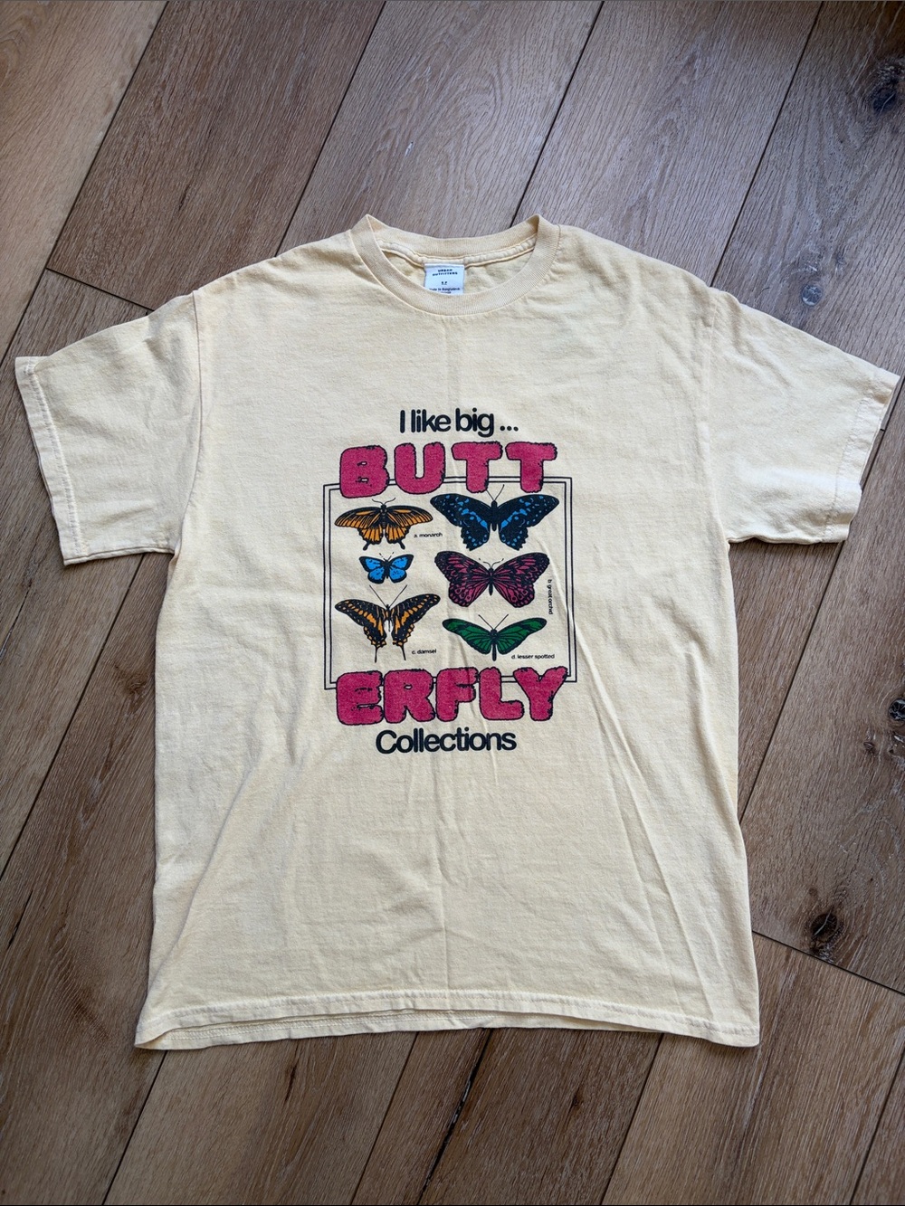 Urban Outfitters T-shirt I Like Big Butt Erfly Collections Sz S Yellow Butterfly